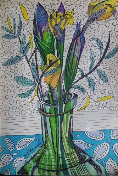 Daffodils and Irises Flowers in Green Vase thumb