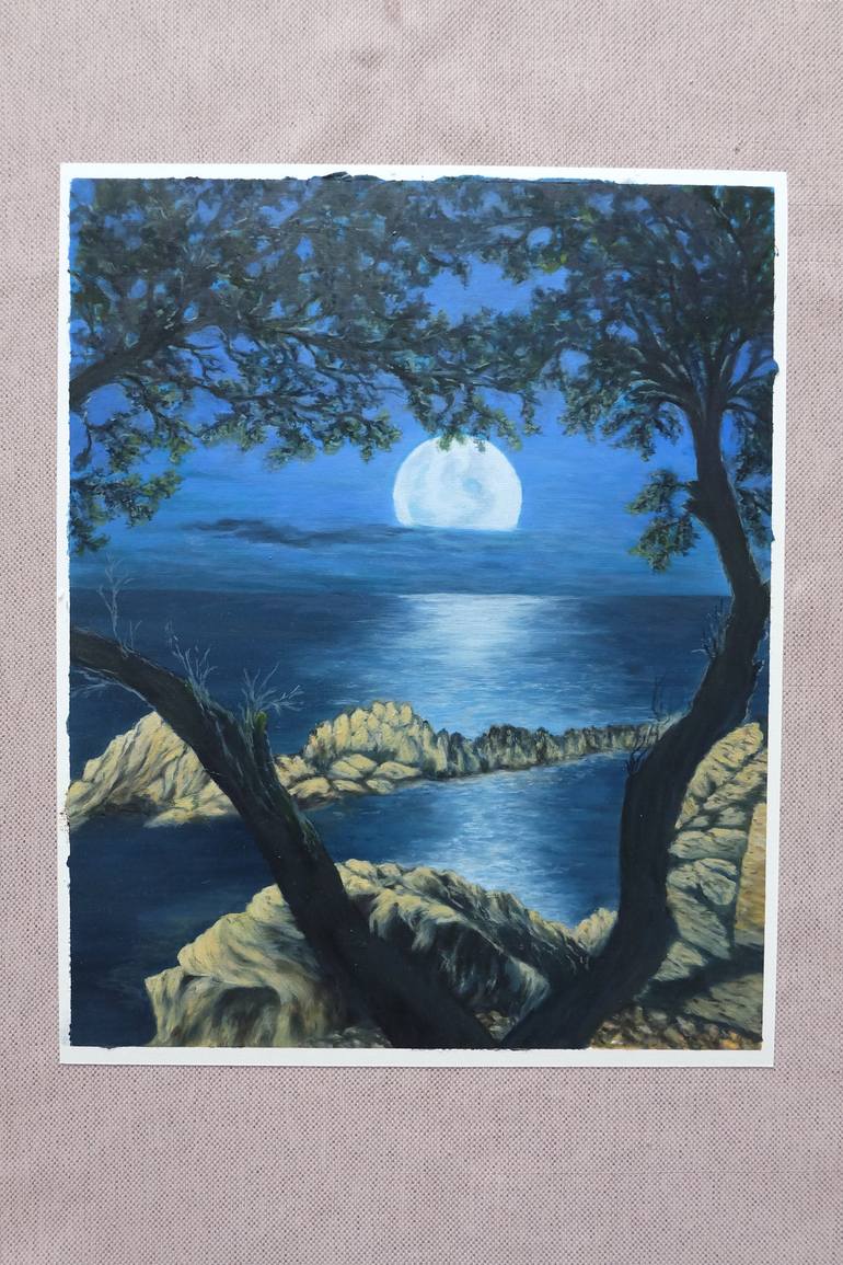 Original Landscape Painting by Valentina Lazdina | Contemporary Art on Paper | Moon night on the sea