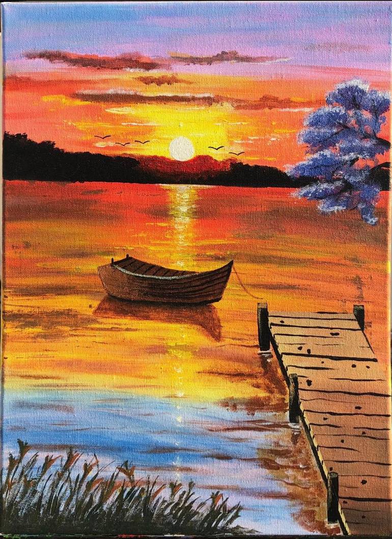 Sunset on a lake Painting by Suneela Iqbal Saatchi Art