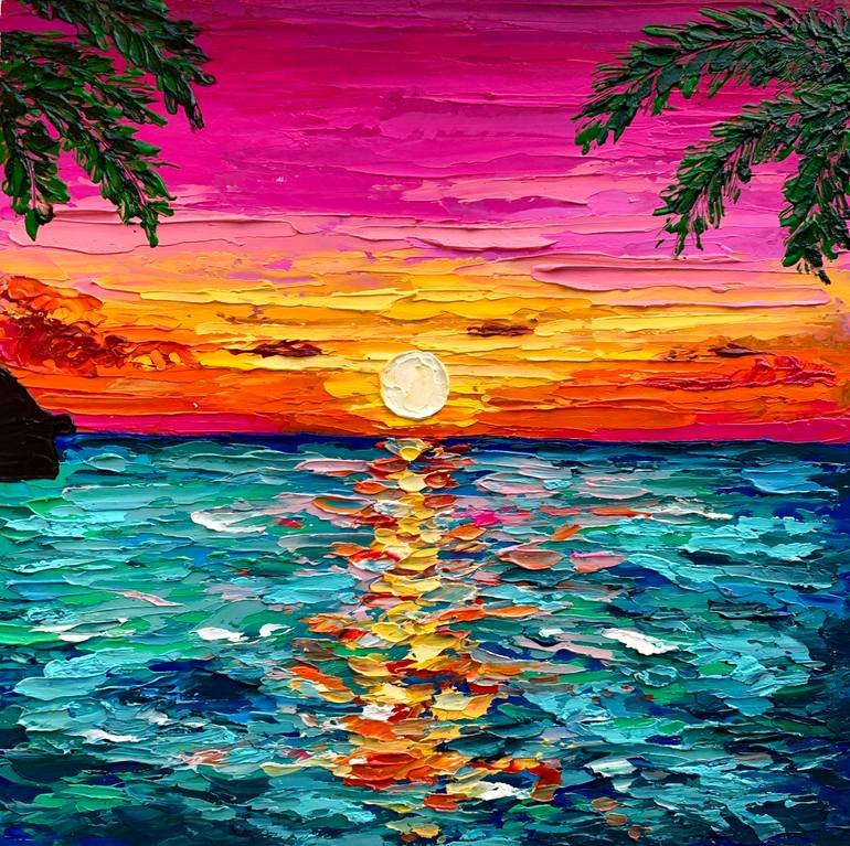 Original Beach Painting by Aisha Turlybekova | Realism Art on Canvas | Golden Path to the Sea -- Vibrant Sunset Seascape