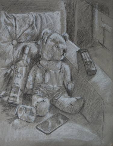 Lockdown drawing. Teddy bear with vodka bottle thumb