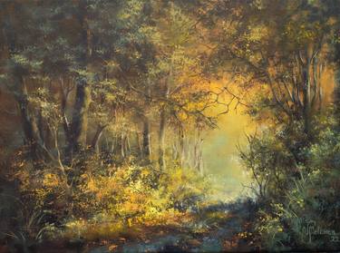 Forest sunrise, original oil painting on canvas summer landscape thumb