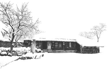 Winter scenery of Korean thatched cottage hand drawn with pen and ink thumb