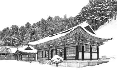 Hand drawn Winter scenery of Korean temples thumb