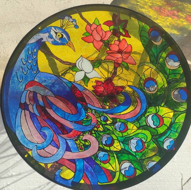 Coffee table glass painting. Coffee table, Bird of Happiness, glass