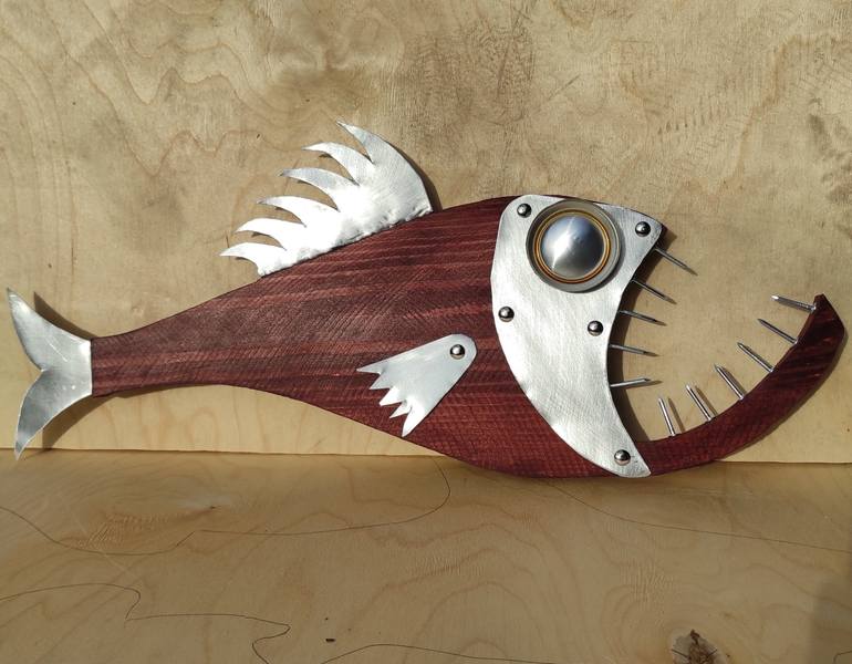 Angler fish Sculpture, Wooden Fish, Wooden sculpture, Painted