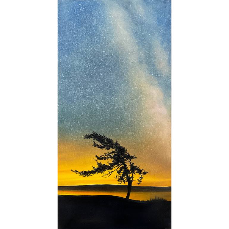 Original Landscape Painting by Alla Kallass | Photorealism Art on Canvas | Under the Milky Way