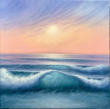 Three waves - 24x24 Inch Seascape Sunset Oil Painting thumb
