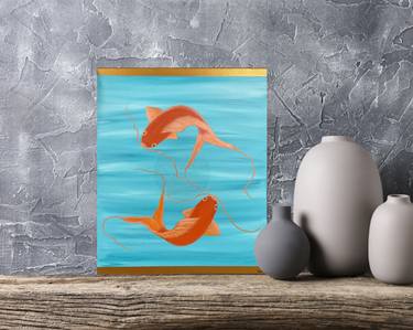 Koi Fish - 20x24 Inch Abstract Koi Fish Painting, Orange Turquoise Water thumb