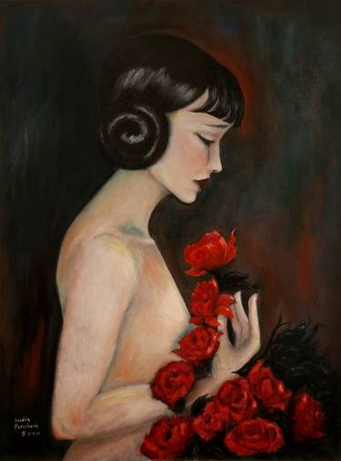 Woman with red flowers thumb
