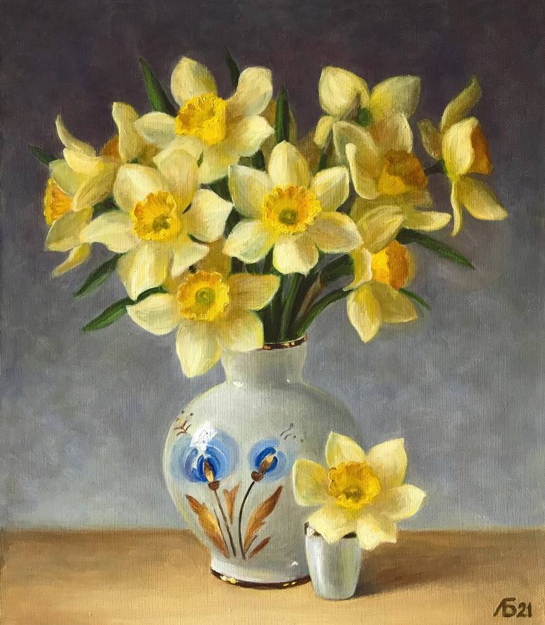 Still life with yellow daffodils - realistic yellow flowers, botanical ...