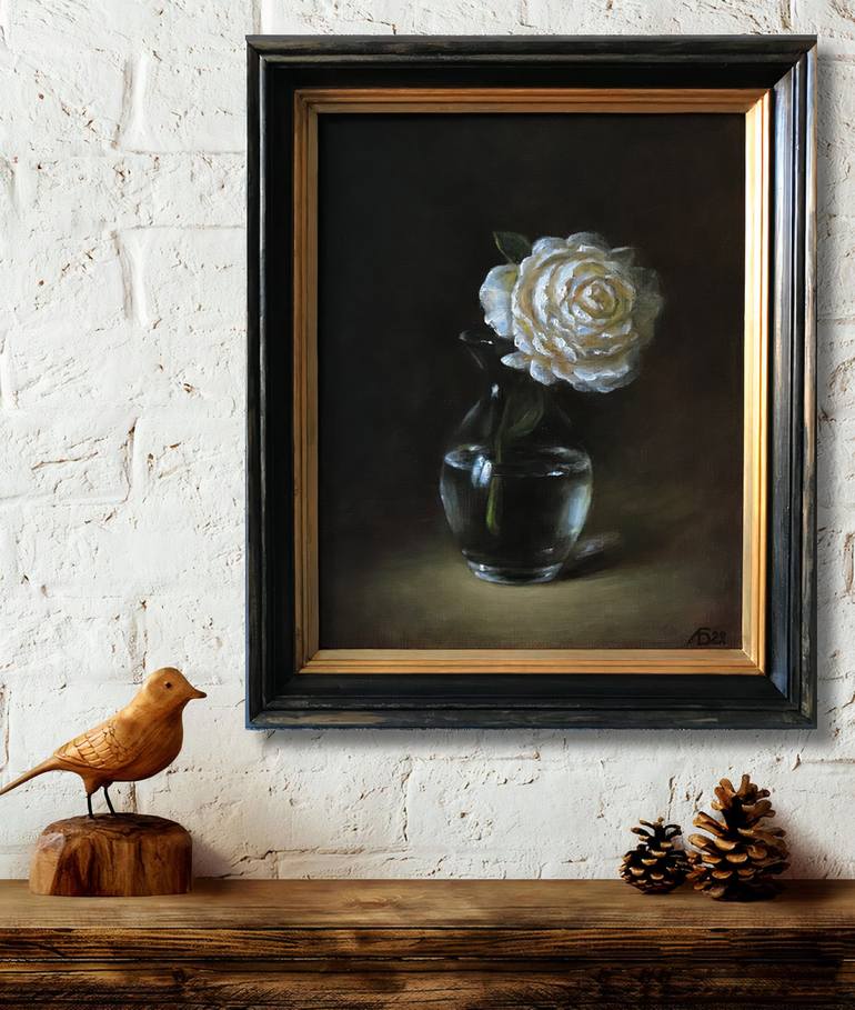 Flower still life oil painting on canvas, white rose in a transparent ...