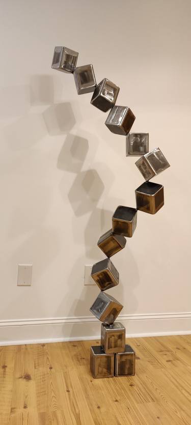 Metal Art Cube Sculpture 'Podium Effect' Steel Gravity Defying thumb
