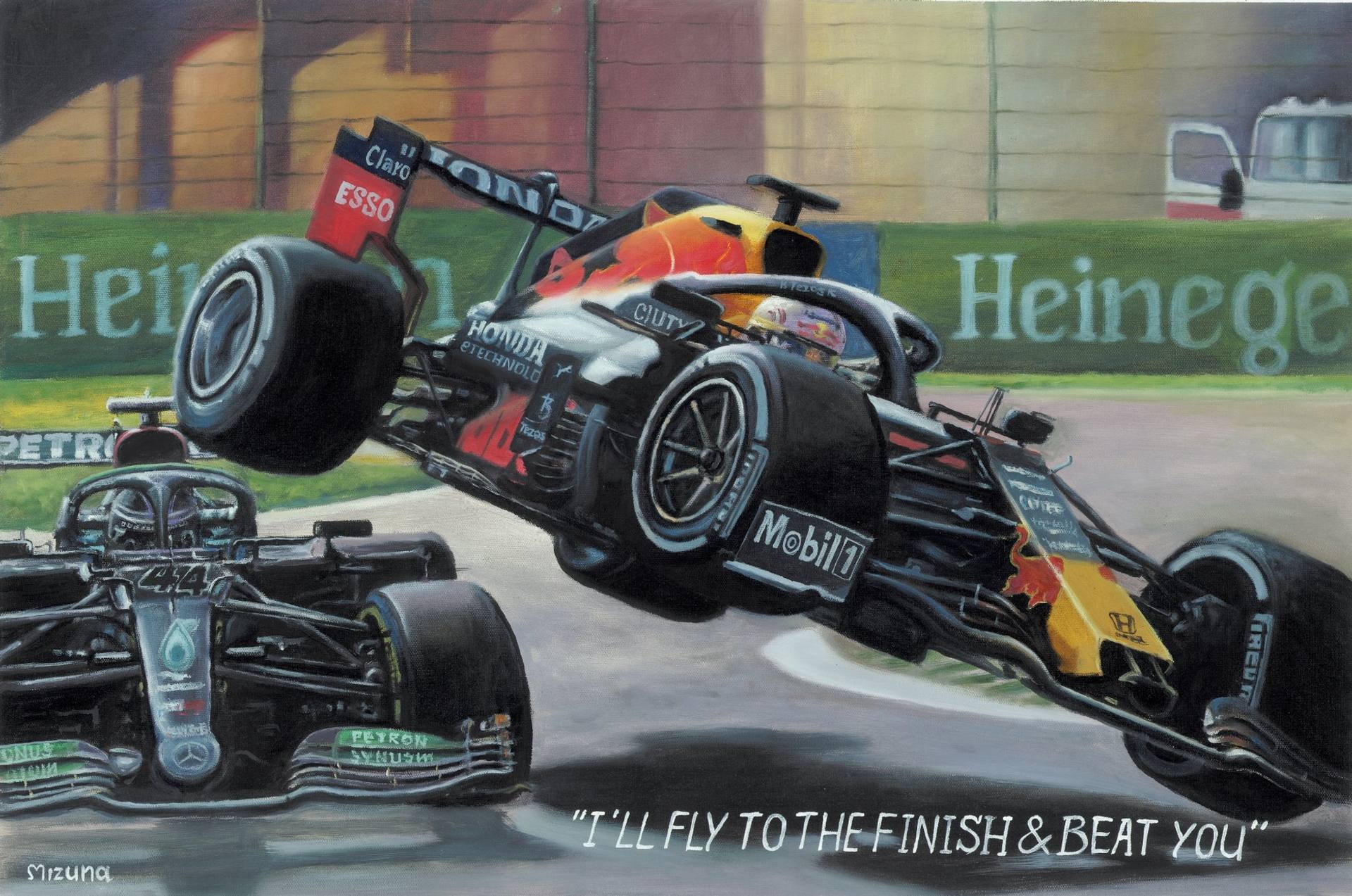 Lewis Hamilton & max Verstappen F1 Crash - Framed print 97x71cm Painting by  Mark Johns