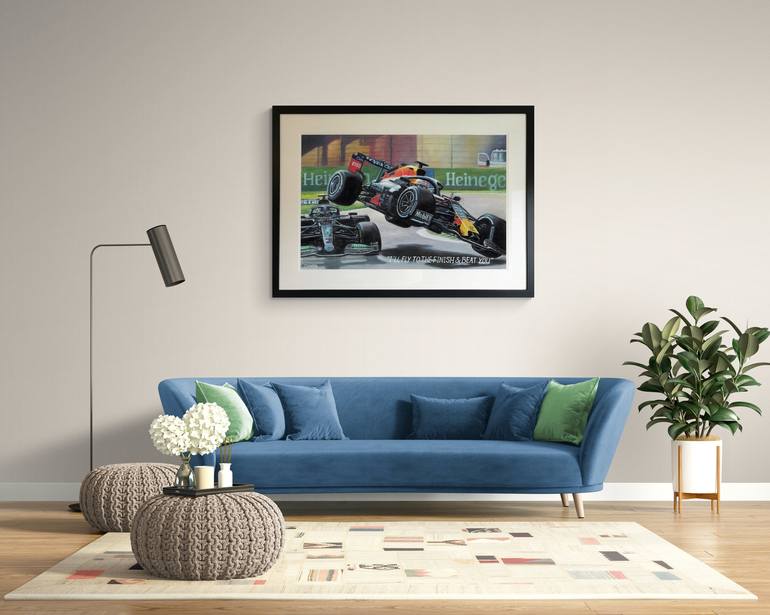 Lewis Hamilton & max Verstappen F1 Crash - Framed print 97x71cm Painting by  Mark Johns