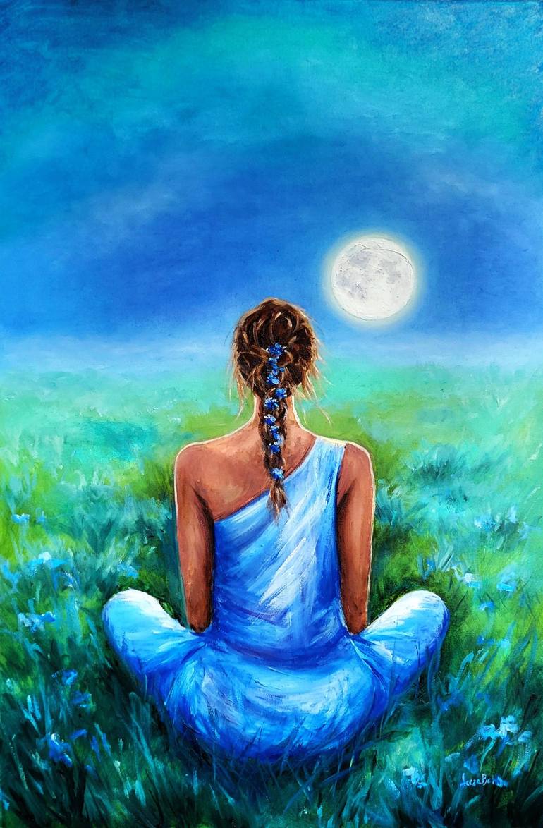 Original Women Painting by Leeza Beth | Contemporary Art on Canvas | Woman Meditating in a Field of Flowers under the Moon