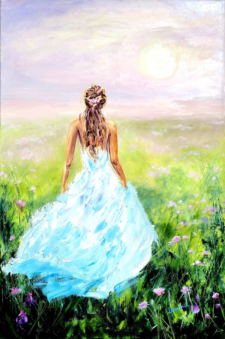 Original Women Painting by Leeza Beth | Contemporary Art on Canvas | Woman in a Dress Walking through the Field of Flowers