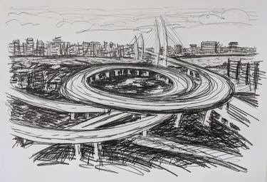 Original Expressionism Cities Drawings by Hugh DeWitte