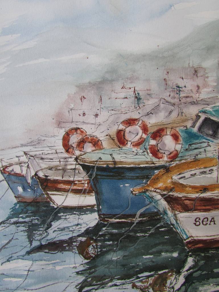 Original Illustration Boat Painting by Julia Kalinceva