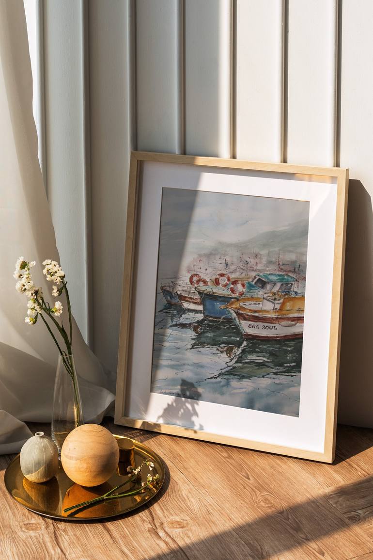 Original Illustration Boat Painting by Julia Kalinceva