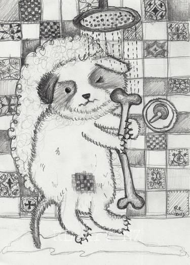 RL Art NZ - Chaf in the Shower - Cute Funny Puppy Dog Cartoon thumb