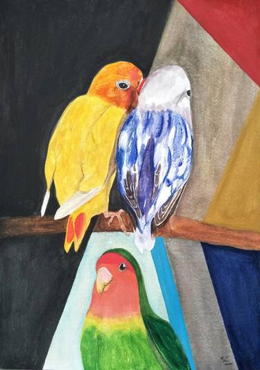 RL Art NZ - The Gossiping Lovebird - Watercolour Painting thumb