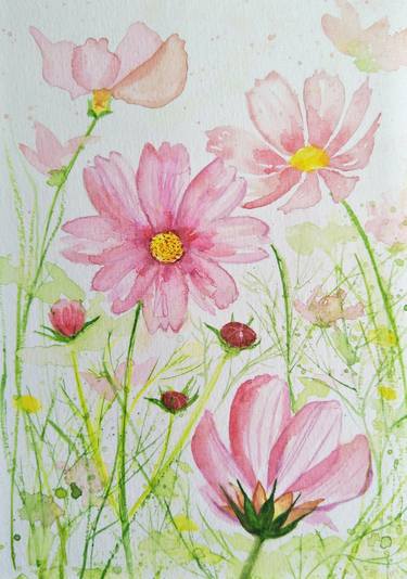 RL Art NZ - Watercolour Cosmos Painting A5-size thumb