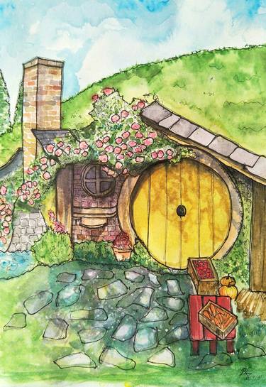 RL Art NZ - Hobbiton the Yellow Door Cottage Ink and Watercolor thumb