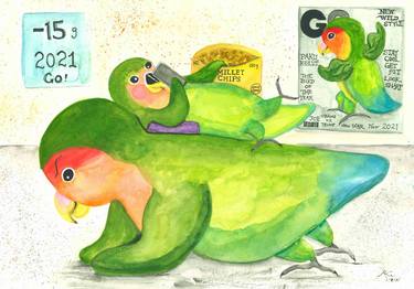 RL Art NZ - Momo on the Plank - Cute Lovebird Illustration thumb