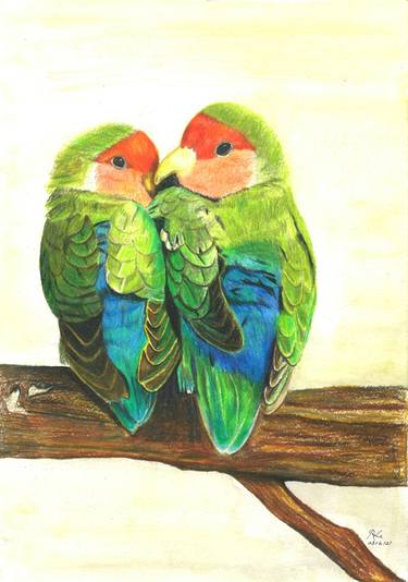 RL Art NZ- LOVEBIRD COUPLE Colouring Pencils/Watercolour thumb