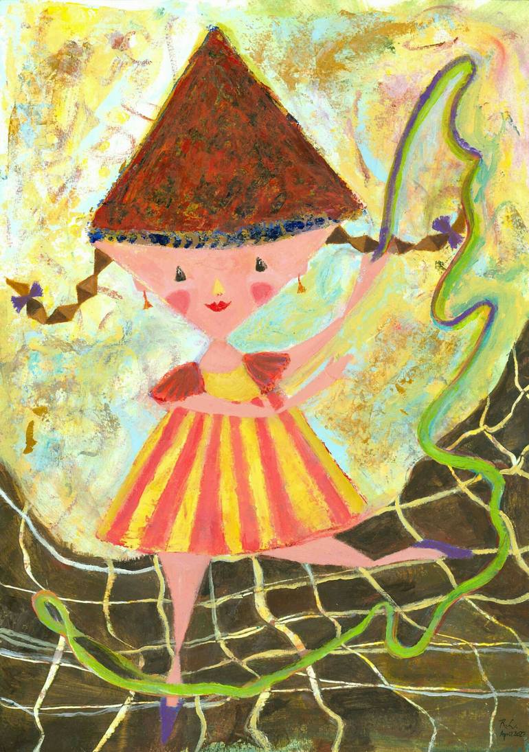 Original Sports Painting by Rachel Lin Van Der Hulst | Figurative Art on Paper | RL Art NZ - Trigi the Little Gymnast Fun Cute HappyTime