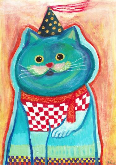 RL Art NZ -  Partying British Shorthair Blue Cat Quirky thumb