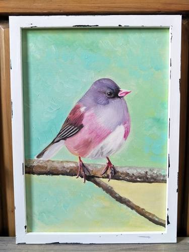 Vintage Country style Pink and Purple Bird Oil Painting thumb