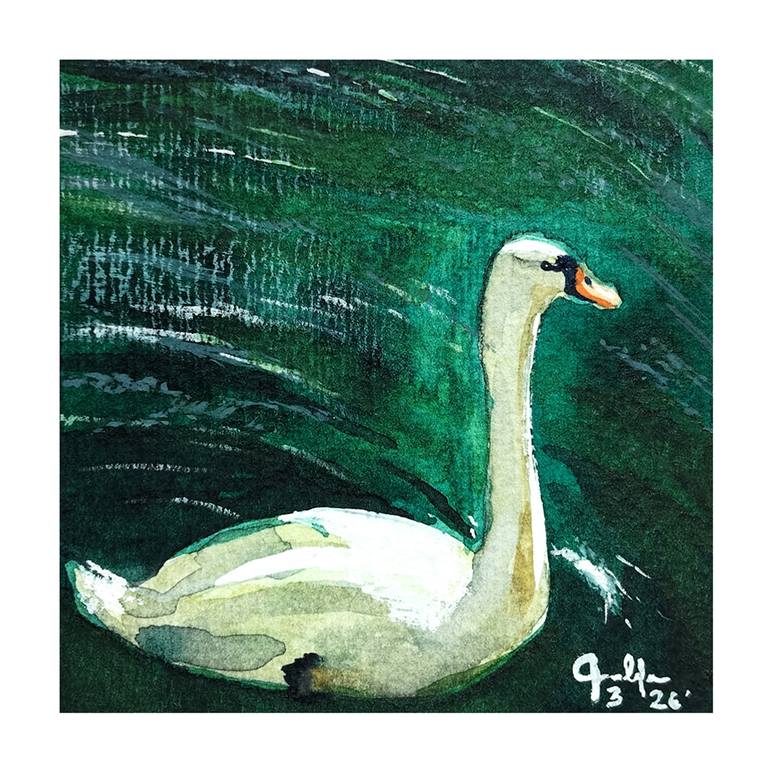 Original Animal Painting by Jouline Paz | Abstract Expressionism Art on Paper | Swan on the Emerald Lake (101 Dalmatians Park Memory)
