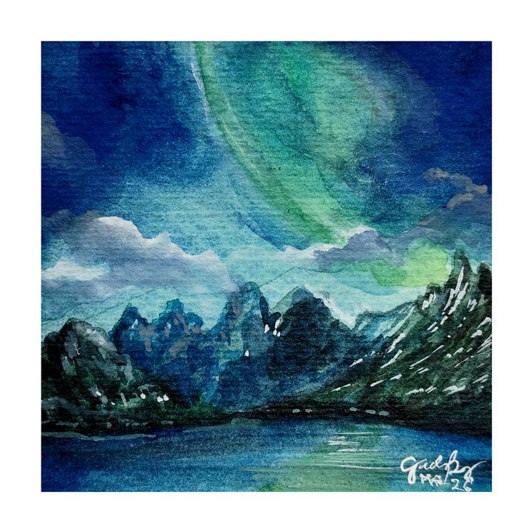 Original Landscape Painting by Jouline Paz | Abstract Expressionism Art on Paper | Northern Lights Over the Frozen Lake