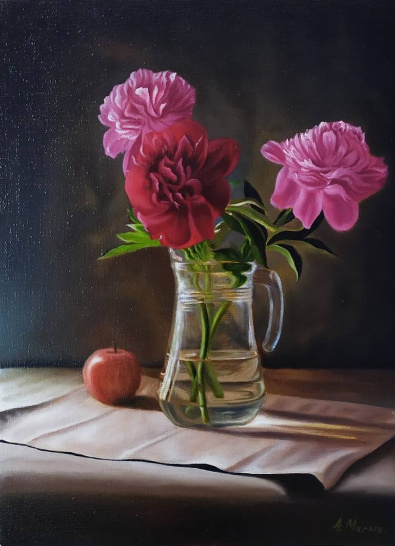 Still life with peonies Painting by Артём Маркин | Saatchi Art