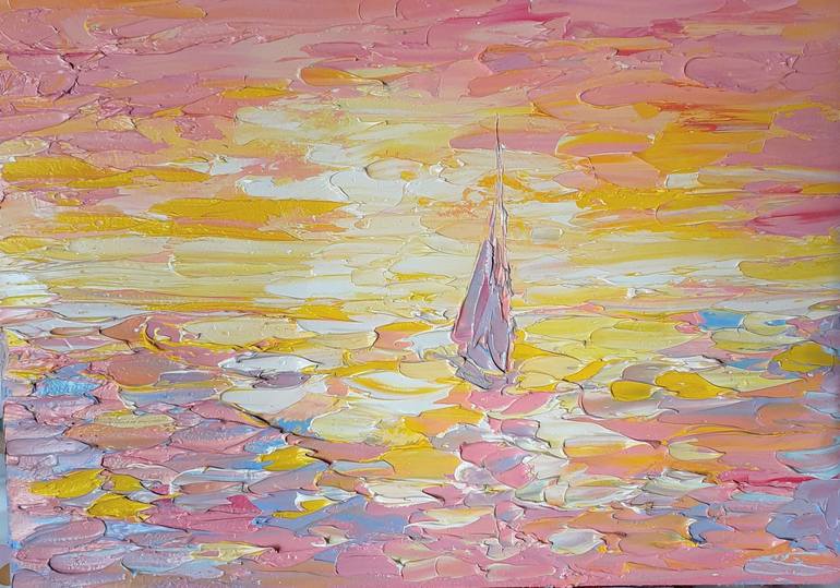 Romantic Sunset Painting Seascape Painting Original Artwork Oil Impasto Delicate 2024 Color Art Gift for Mom 14 by 14 ” by MagicalPaintings25