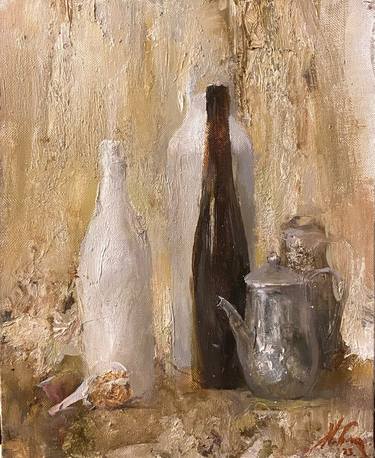 Still life with bottles, vase, pitcher and garlic. thumb