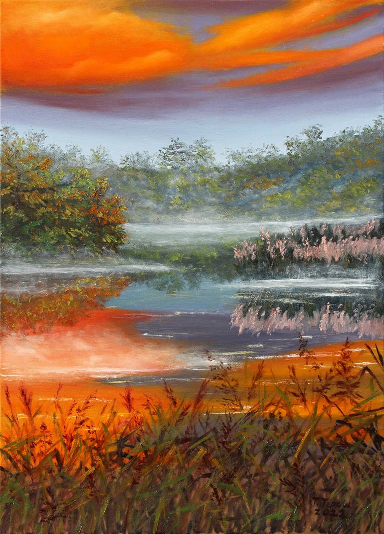 Original Landscape Painting by Tetiana Teresh | Art Deco Art on Canvas | "Fog on the lake"