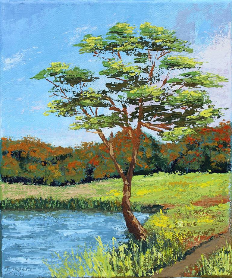 Lake Sunset Oil Painting Original Landscape Sunset Pine Trees and good Lake Art palette knife Painting