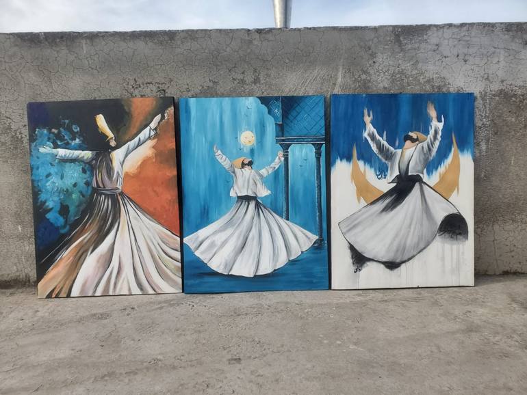 Original Other Painting by Fatima Anwar | Abstract Art on Other | set of 3 whriling dervish acrylic painting 18 x 24 inches