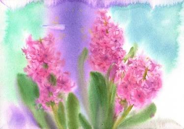 3 Pink Hyacinths - watercolor Painting thumb