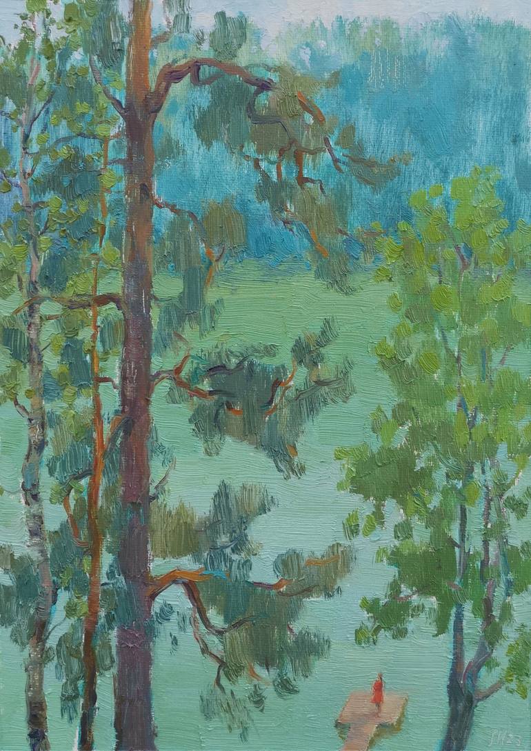 Original Landscape Painting by Sofija Maliukova | Figurative Art on Canvas | Over the emerald lake - oil on canvas without a stretcher