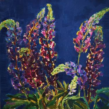 Colored lupins - oil on canvas framed thumb