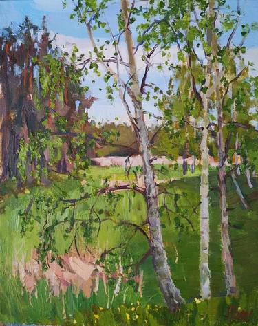Birches on ponds - oil on canvas thumb