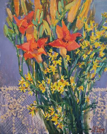 Daylilies on the window - oil on canvas thumb