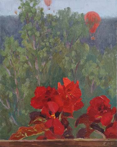 Sunbeam on red begonia - oil on canvas thumb