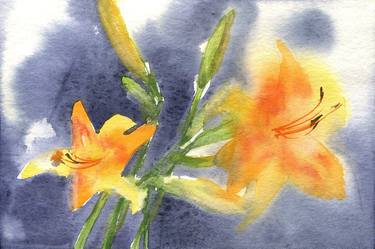 Daylilies on a blue - watercolor thumb