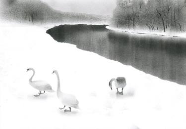 Swans on the snow - stencil hand print - Limited Edition of 1 thumb