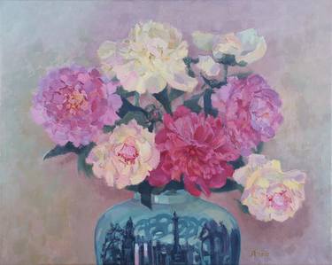 Peonies in a Chinese vase - oil on canvas thumb